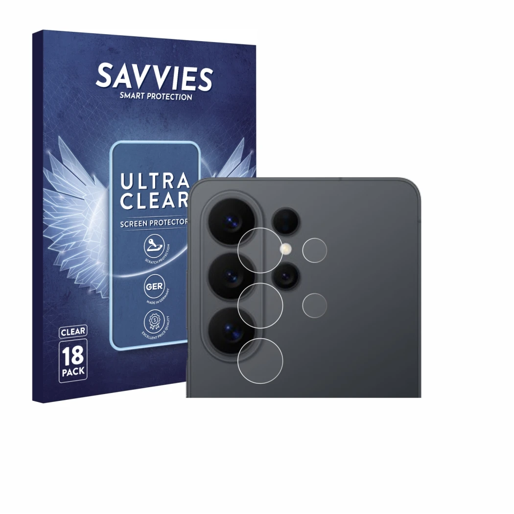 Front side of a product packaging with the brand logo Savvies. Next to it is the device Samsung Galaxy S26 Ultra (ONLY Camera 