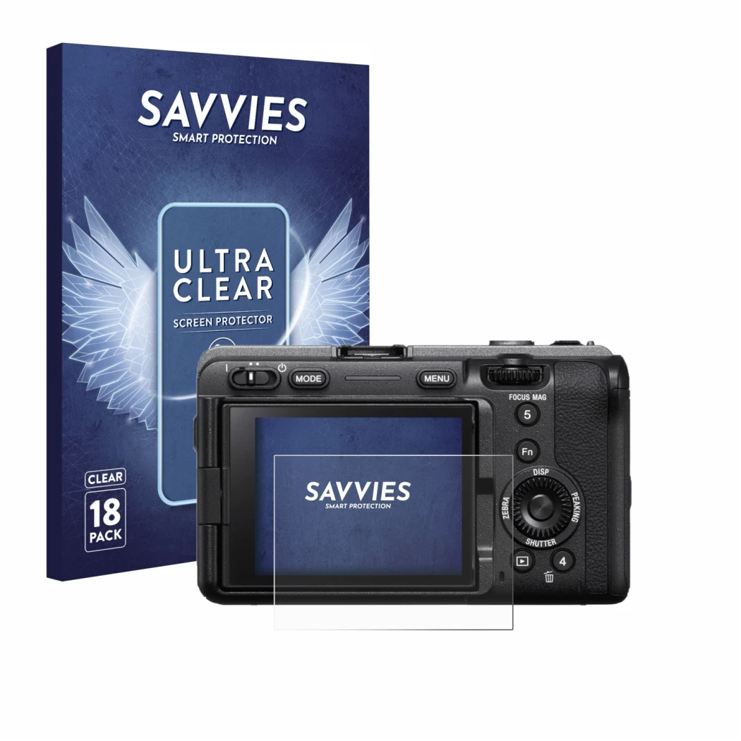 Front side of a product packaging with the brand logo Savvies. Next to it is the device Sony FX3A (ILME‑FX3A) shown with the c