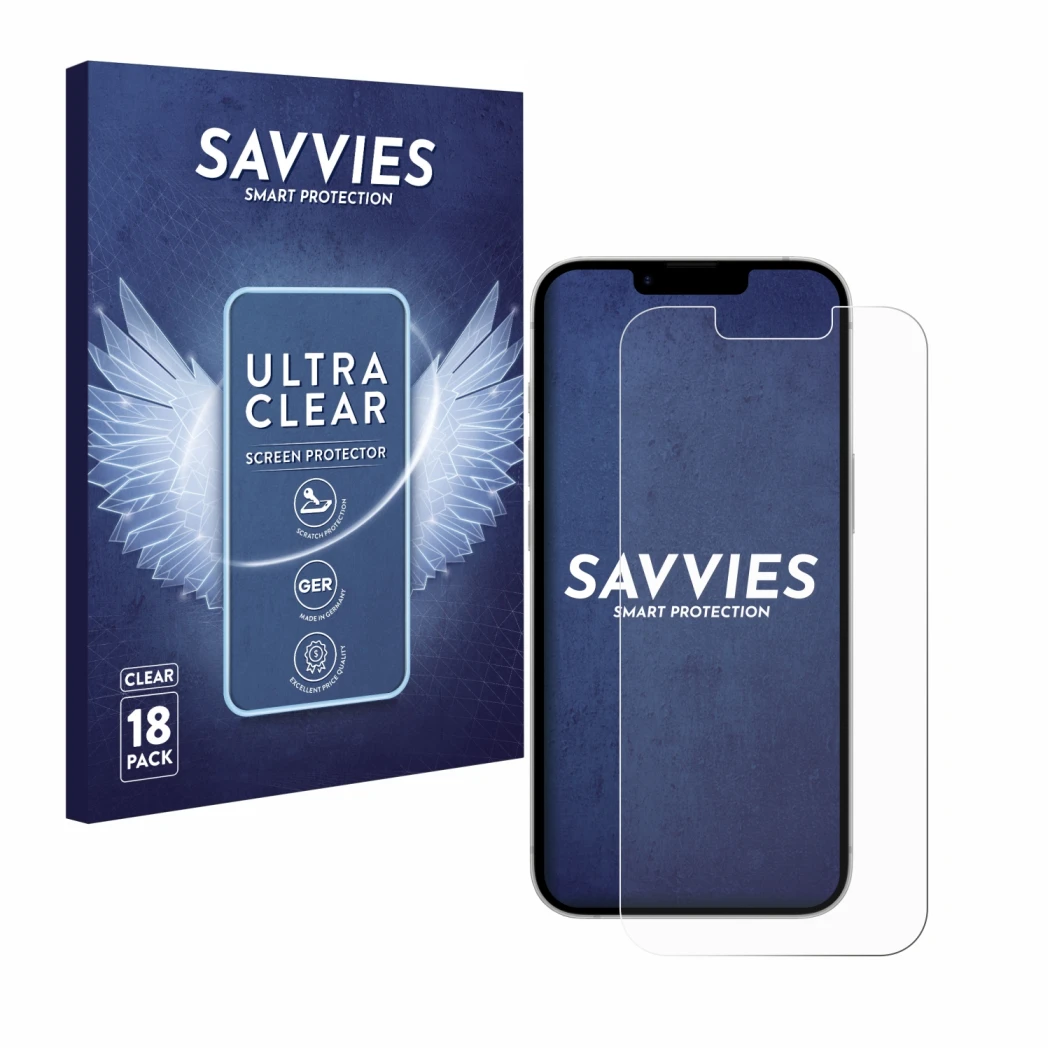 Front side of a product packaging with the brand logo Savvies. Next to it is the device Apple iPhone 17e shown with the corres