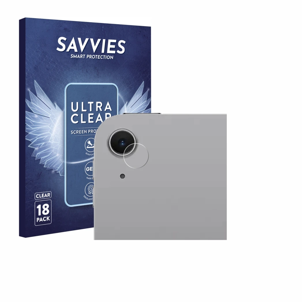 Front side of a product packaging with the brand logo Savvies. Next to it is the device Apple iPad Air 13
