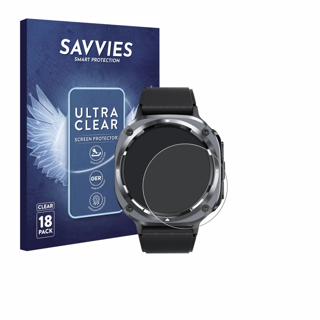 Front side of a product packaging with the brand logo Savvies. Next to it is the device TIMU S90+ 1.48