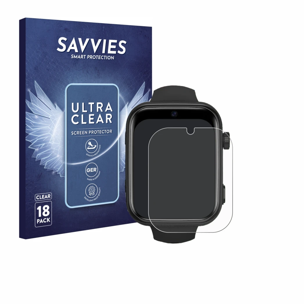 Front side of a product packaging with the brand logo Savvies. Next to it is the device Aimiuvei Kids Smartwatch shown with th