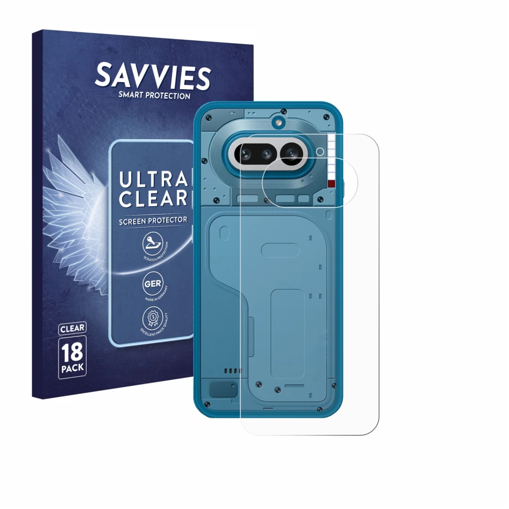 Front side of a product packaging with the brand logo Savvies. Next to it is the device Nothing Phone (4a) (Back) shown with t