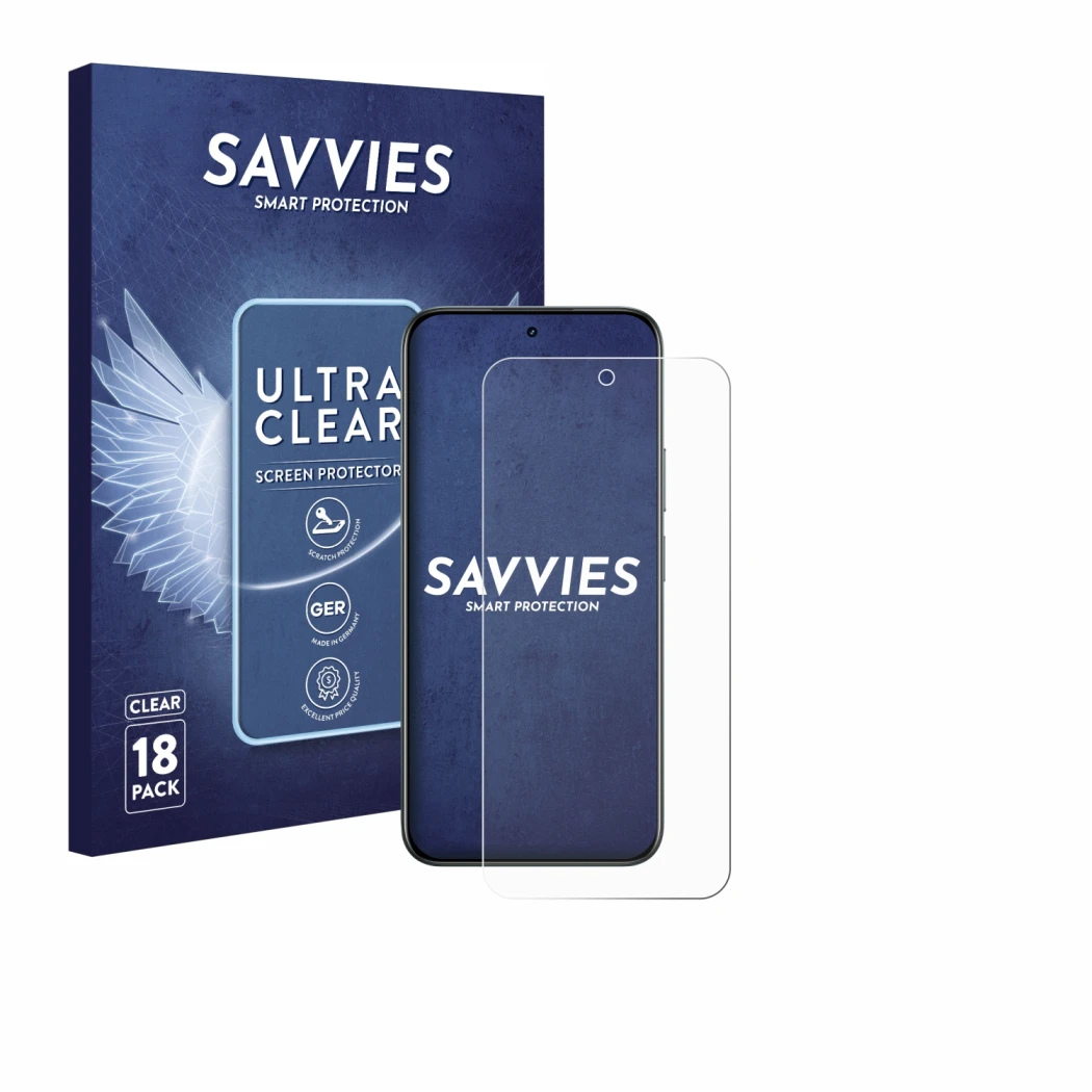 Front side of a product packaging with the brand logo Savvies. Next to it is the device realme C85 5G shown with the correspon