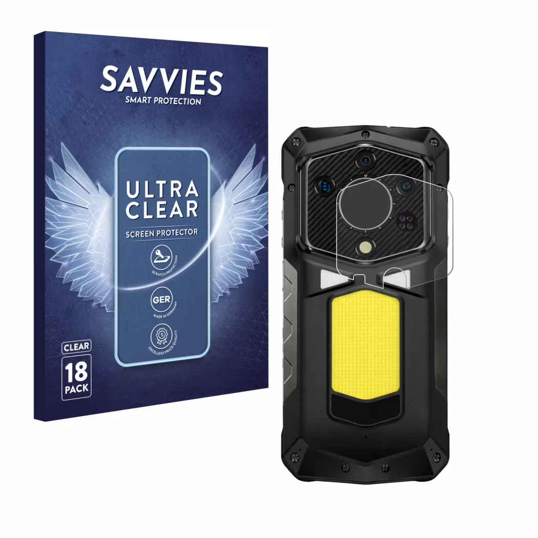 Front side of a product packaging with the brand logo Savvies. Next to it is the device Ulefone Armor 29 Ultra (ONLY Camera Le