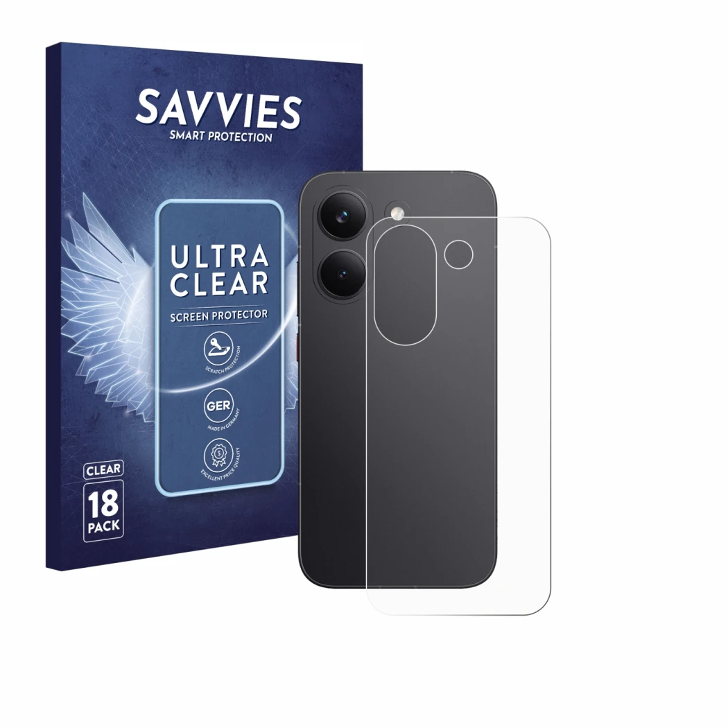 Front side of a product packaging with the brand logo Savvies. Next to it is the device Xiaomi Poco X8 Pro (Back) shown with t