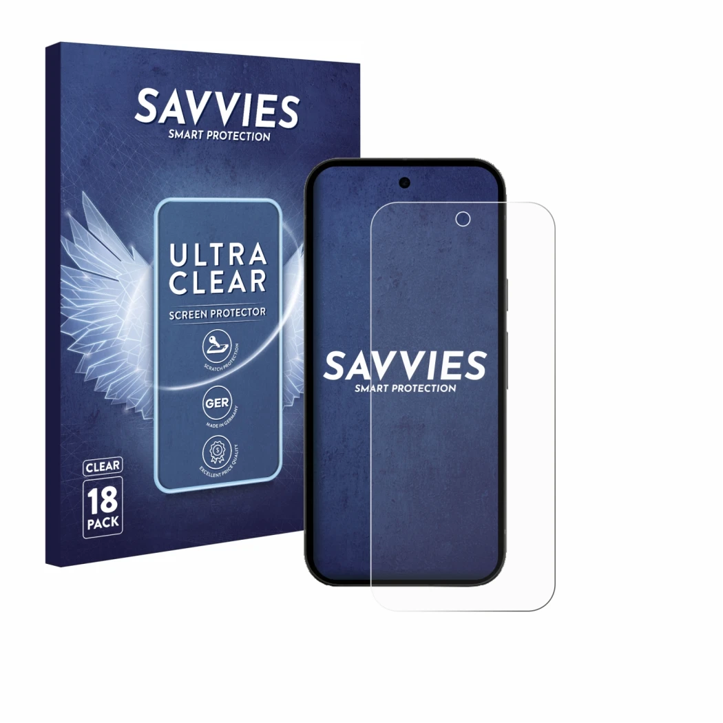 Front side of a product packaging with the brand logo Savvies. Next to it is the device Google Pixel 10a (case-friendly) shown