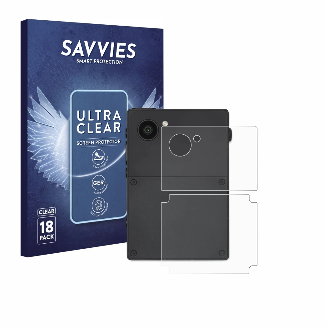 Front side of a product packaging with the brand logo Savvies. Next to it is the device Light Phone 3 (Back) shown with the co