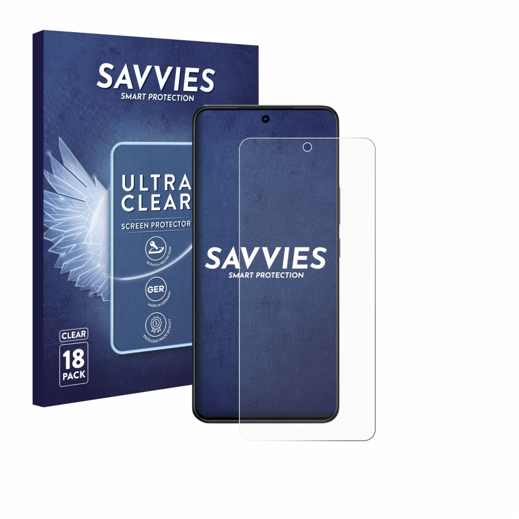 Front side of a product packaging with the brand logo Savvies. Next to it is the device Vivo V60 Lite 5G shown with the corres