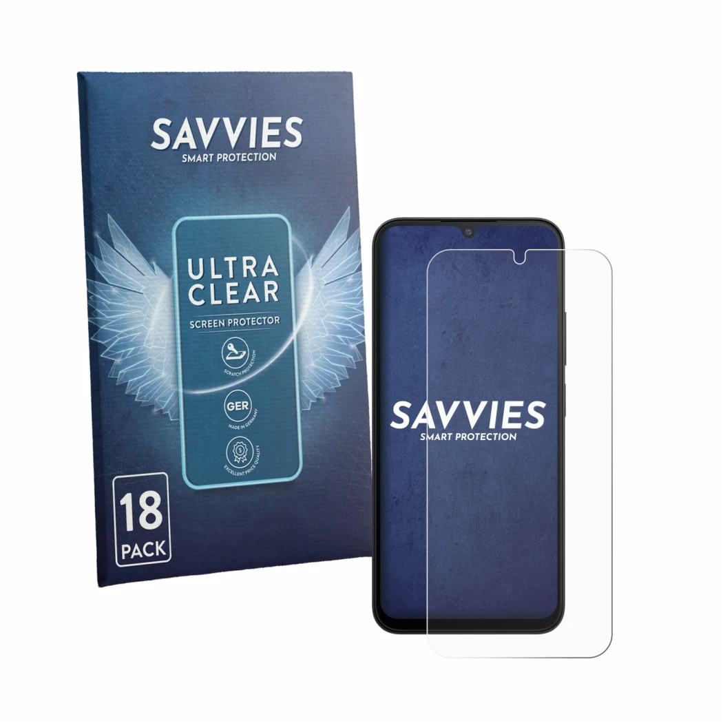 Front side of a product packaging with the brand logo Savvies. Next to it is the device Xiaomi Redmi A7 Pro shown with the cor
