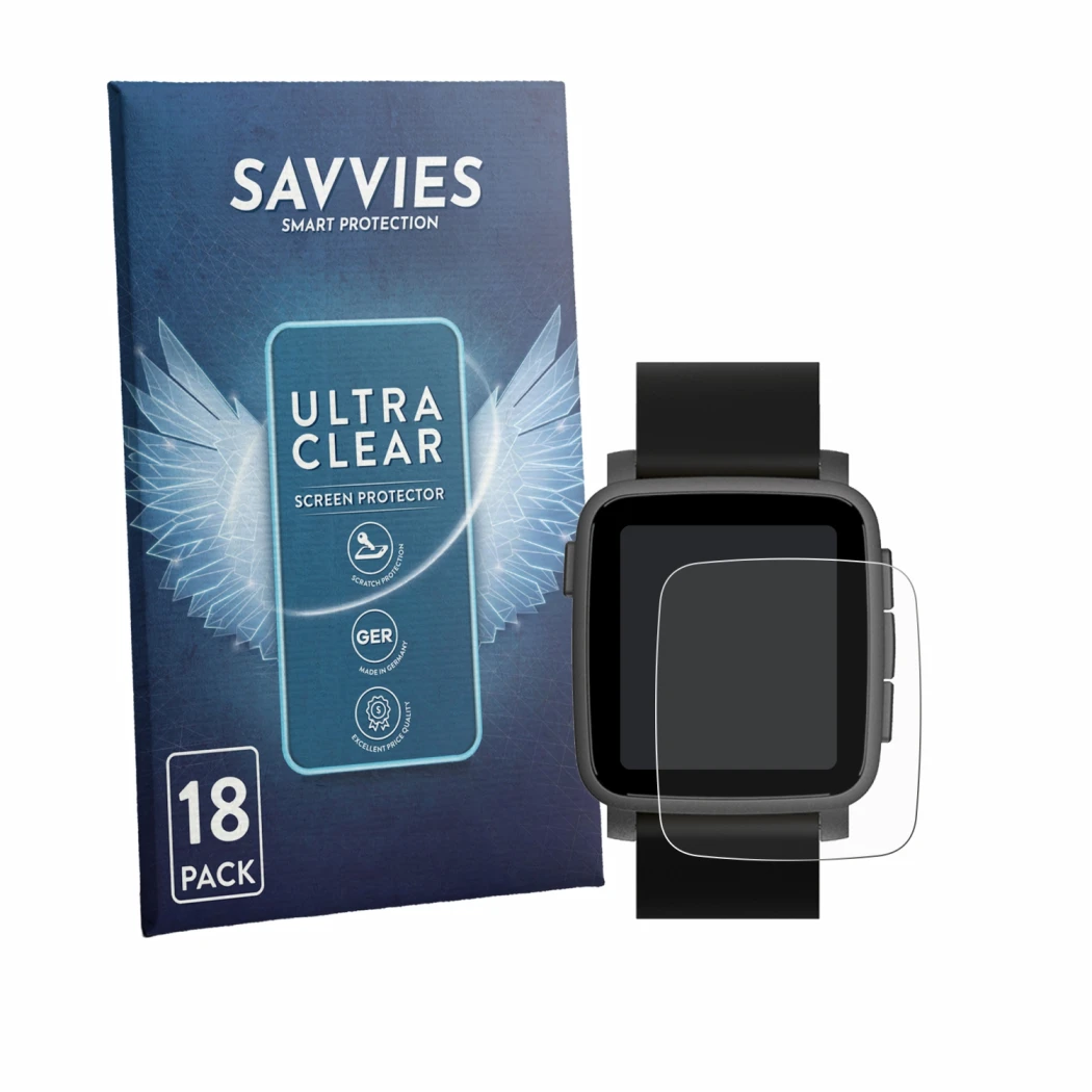 Front side of a product packaging with the brand logo Savvies. Next to it is the device Pebble Time 2 2026 shown with the corr