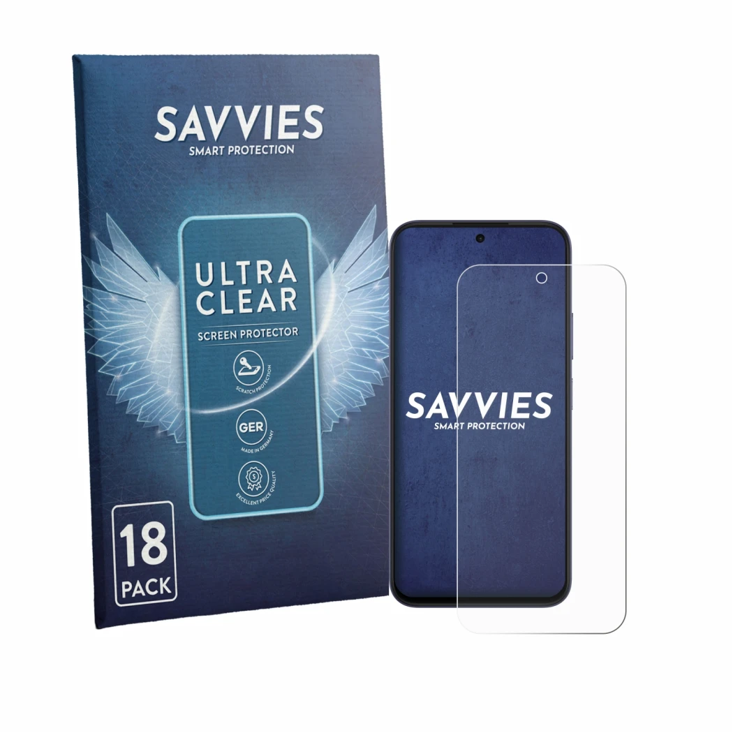Front side of a product packaging with the brand logo Savvies. Next to it is the device Oppo A6k shown with the corresponding 