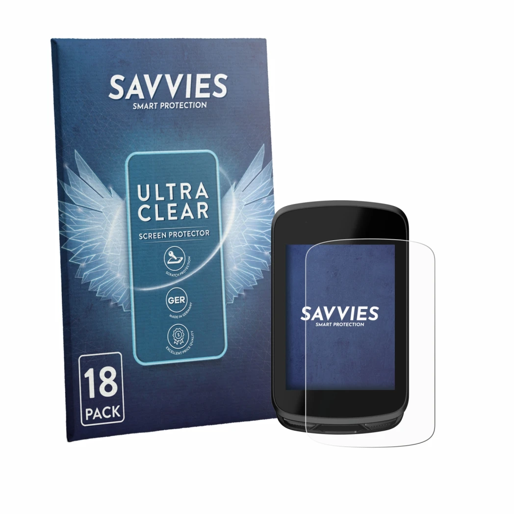 Front side of a product packaging with the brand logo Savvies. Next to it is the device Magene C606 Pro shown with the corresp