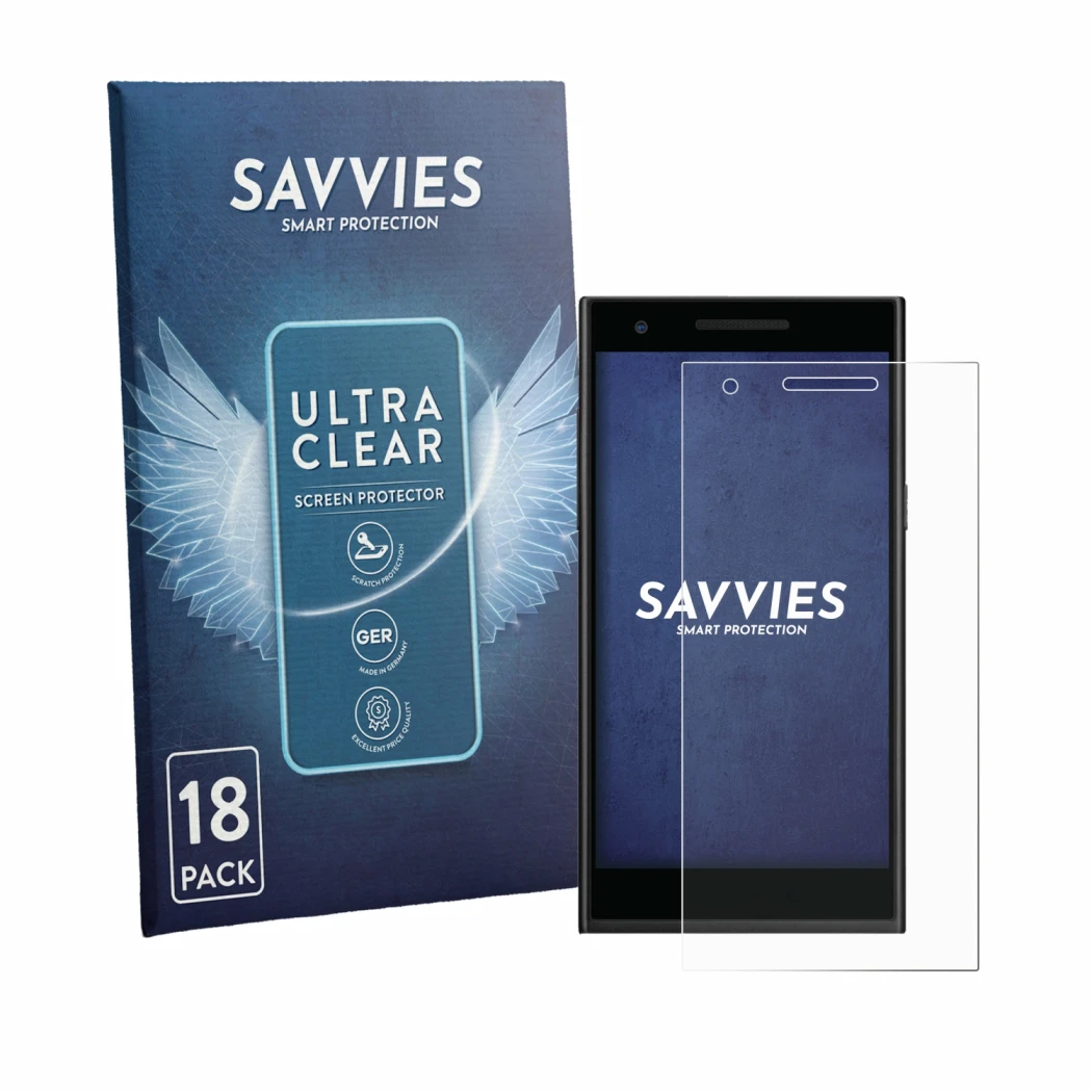 Front side of a product packaging with the brand logo Savvies. Next to it is the device Philips S396 shown with the correspond