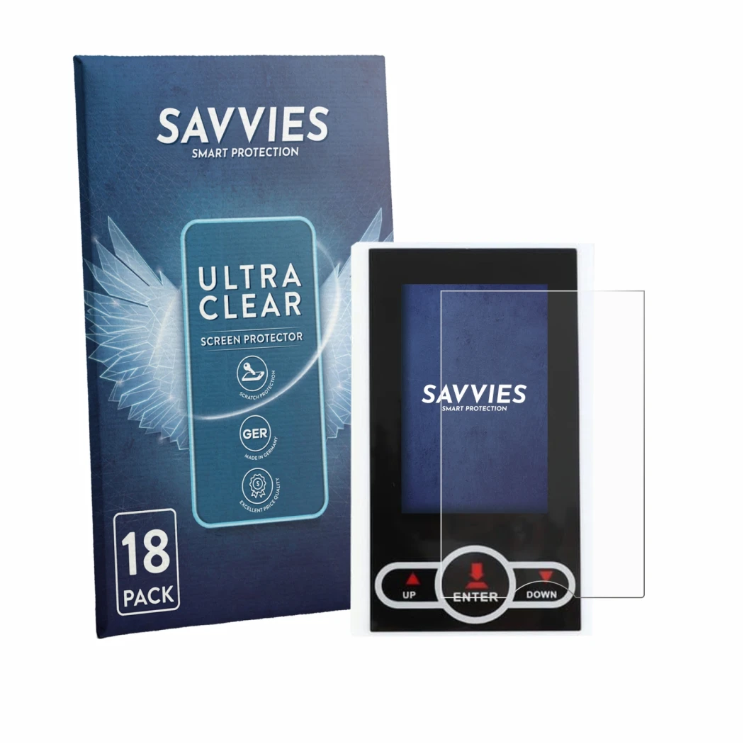 Front side of a product packaging with the brand logo Savvies. Next to it is the device QuivyLivy Speedometer shown with the c
