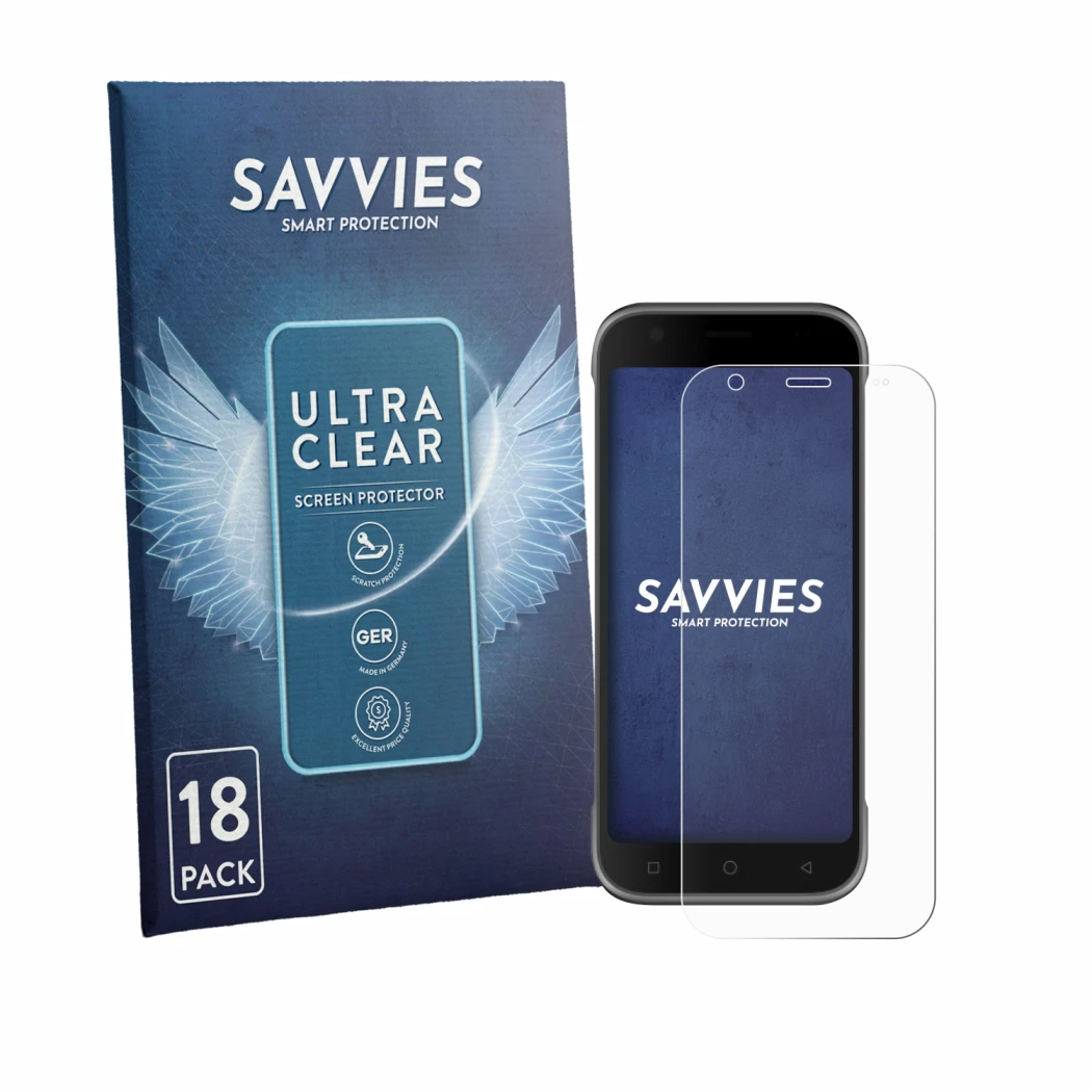 Front side of a product packaging with the brand logo Savvies. Next to it is the device Bluebird S10 shown with the correspond