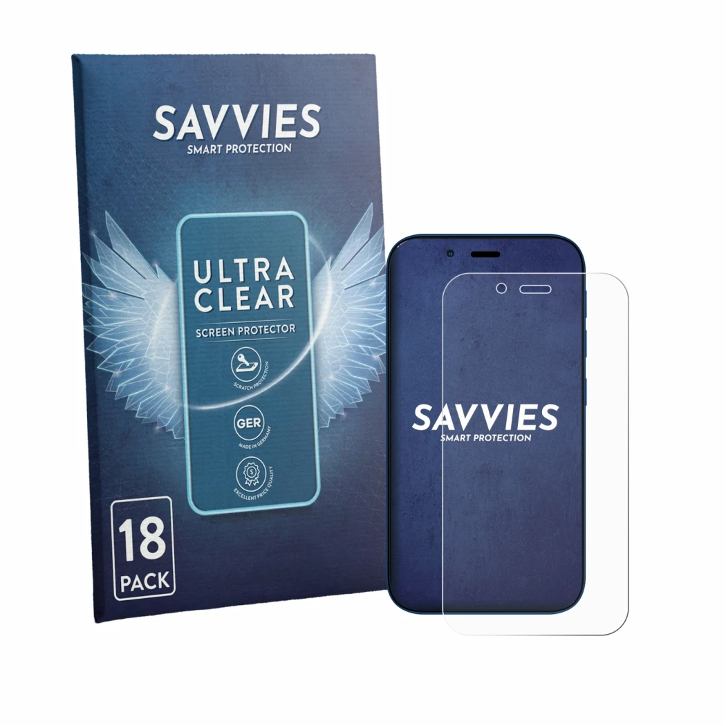 Front side of a product packaging with the brand logo Savvies. Next to it is the device Hisense U964 shown with the correspond