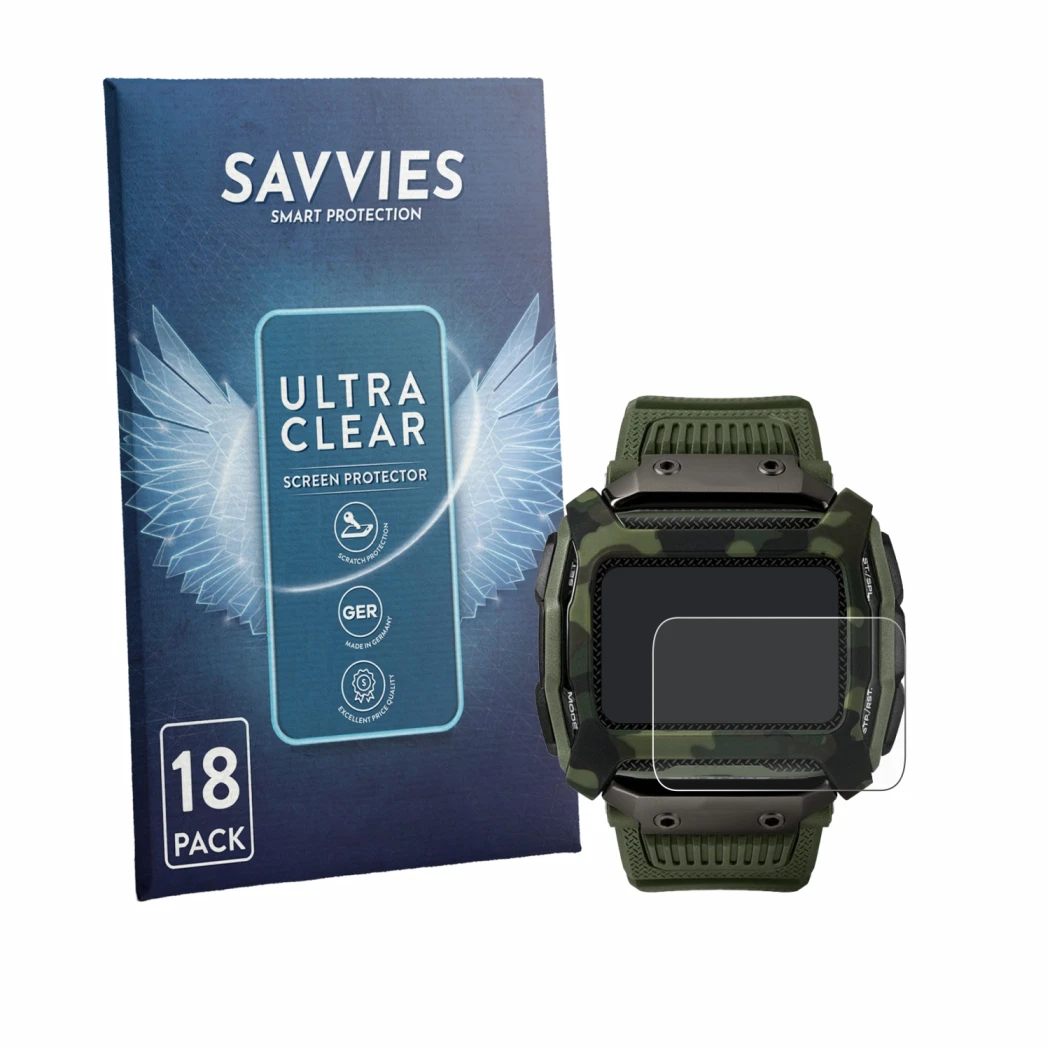 Front side of a product packaging with the brand logo Savvies. Next to it is the device Timex Command Shock shown with the cor