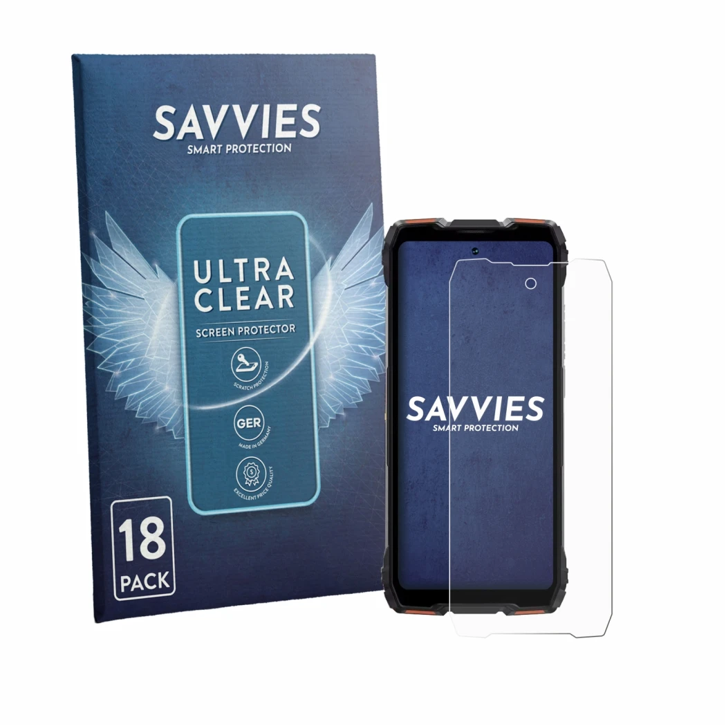 Front side of a product packaging with the brand logo Savvies. Next to it is the device Blackview Rock 3 shown with the corres