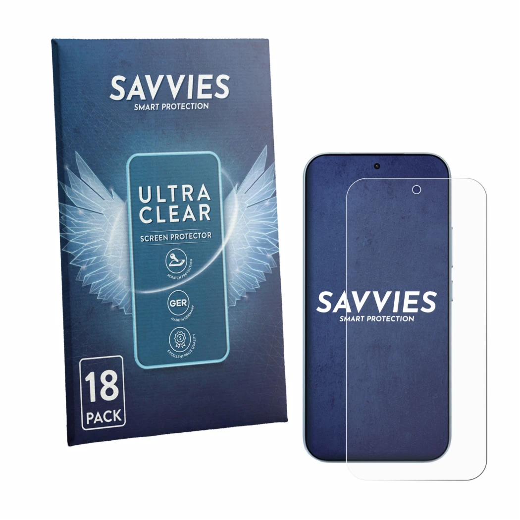 Front side of a product packaging with the brand logo Savvies. Next to it is the device Xiaomi 17T shown with the correspondin