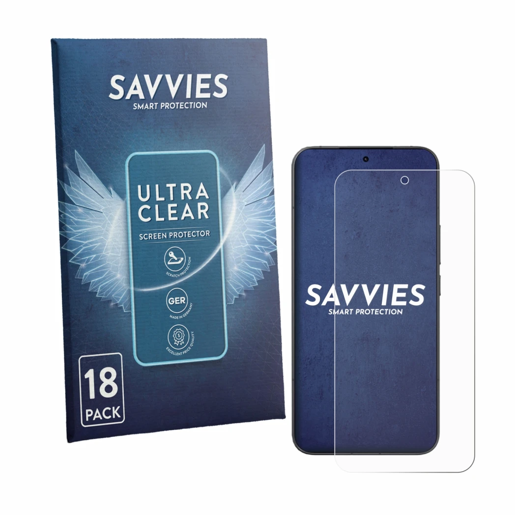 Front side of a product packaging with the brand logo Savvies. Next to it is the device Xiaomi 17T Pro shown with the correspo