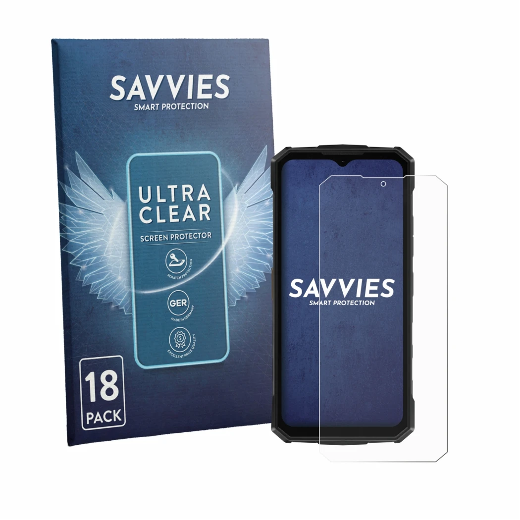 Front side of a product packaging with the brand logo Savvies. Next to it is the device Doogee Fire 5 Pro shown with the corre