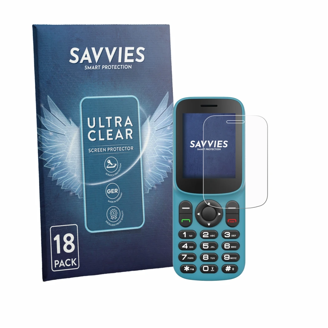 Front side of a product packaging with the brand logo Savvies. Next to it is the device Uleway T185 shown with the correspondi
