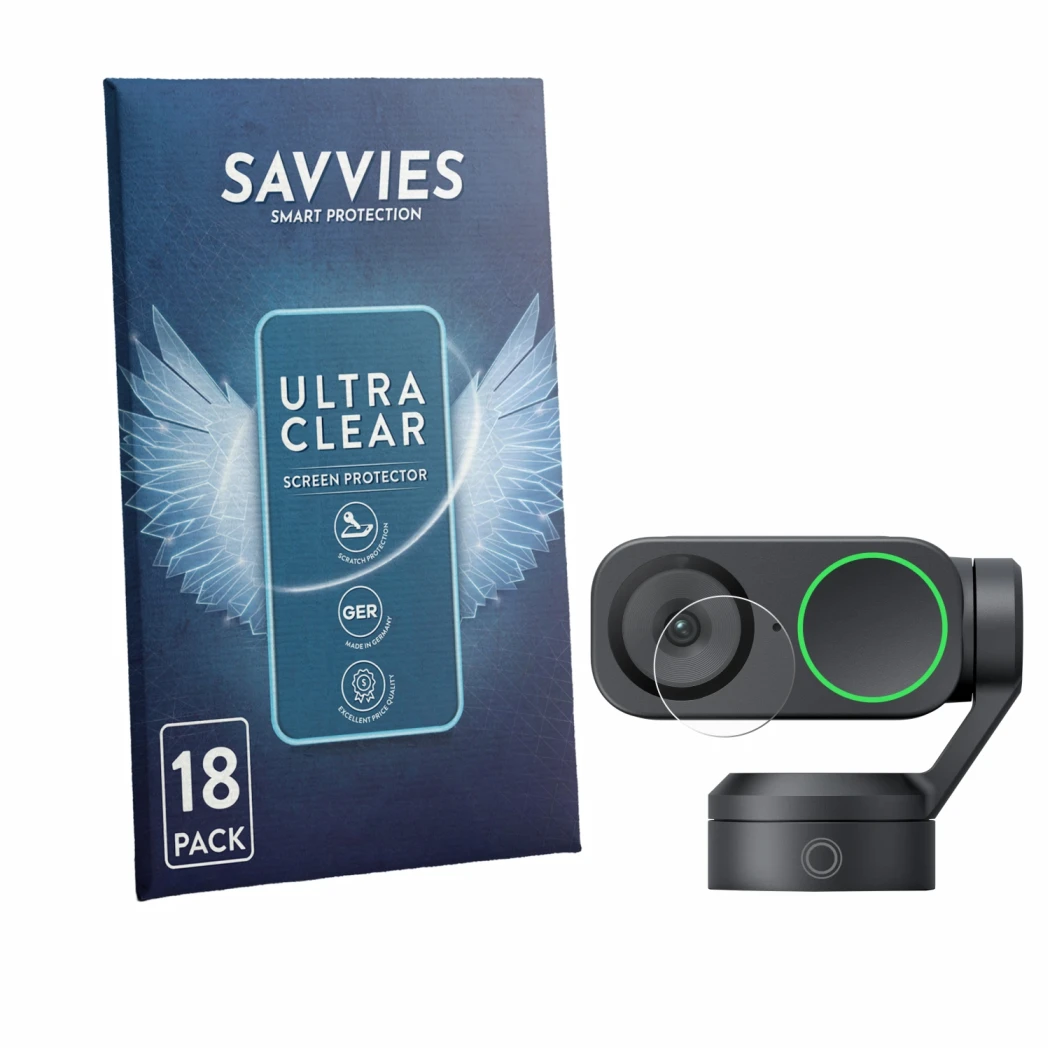Front side of a product packaging with the brand logo Savvies. Next to it is the device Insta360 Link 2 (Lens) shown with the 