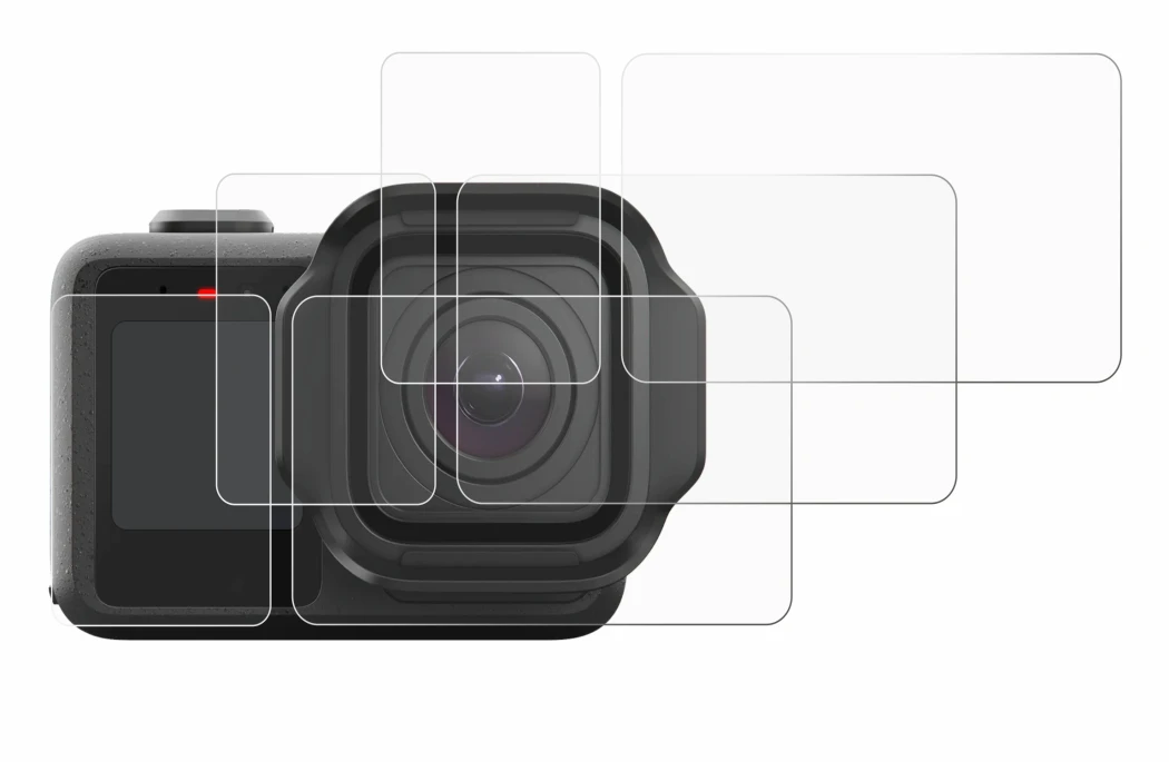 Image of the device GoPro Mission 1 with a wide variety of screen protectors.