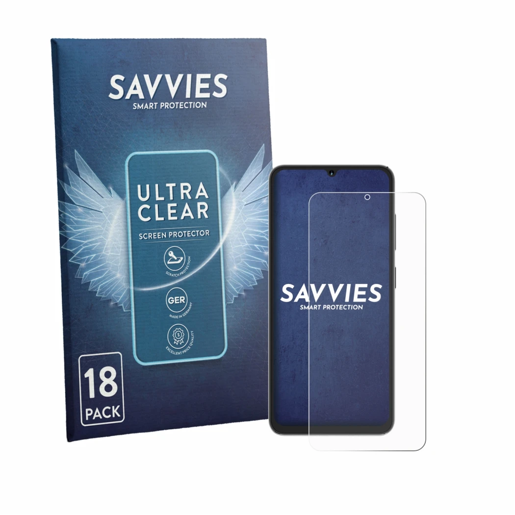 Front side of a product packaging with the brand logo Savvies. Next to it is the device Hotwav A16 Pro Max shown with the corr
