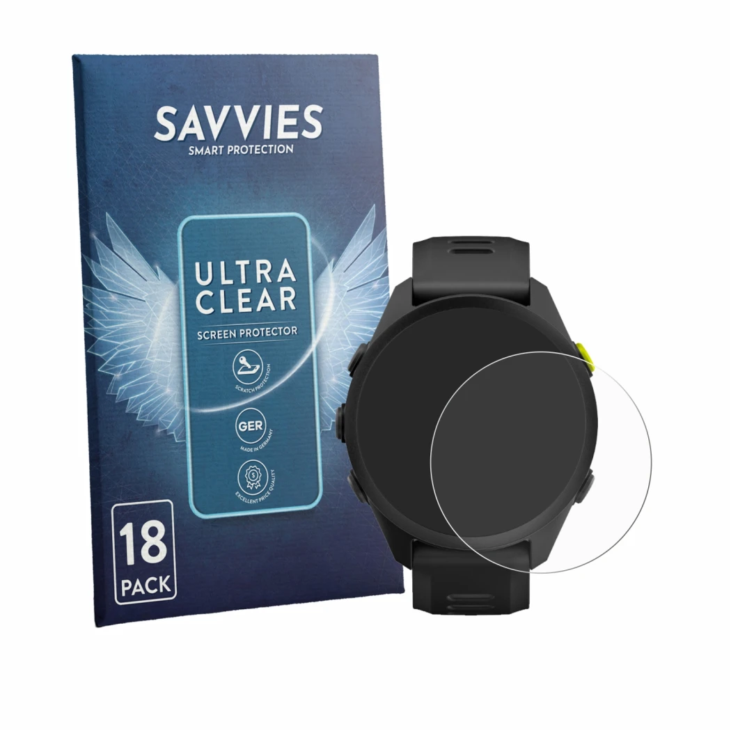 Front side of a product packaging with the brand logo Savvies. Next to it is the device Garmin Forerunner 70 shown with the co