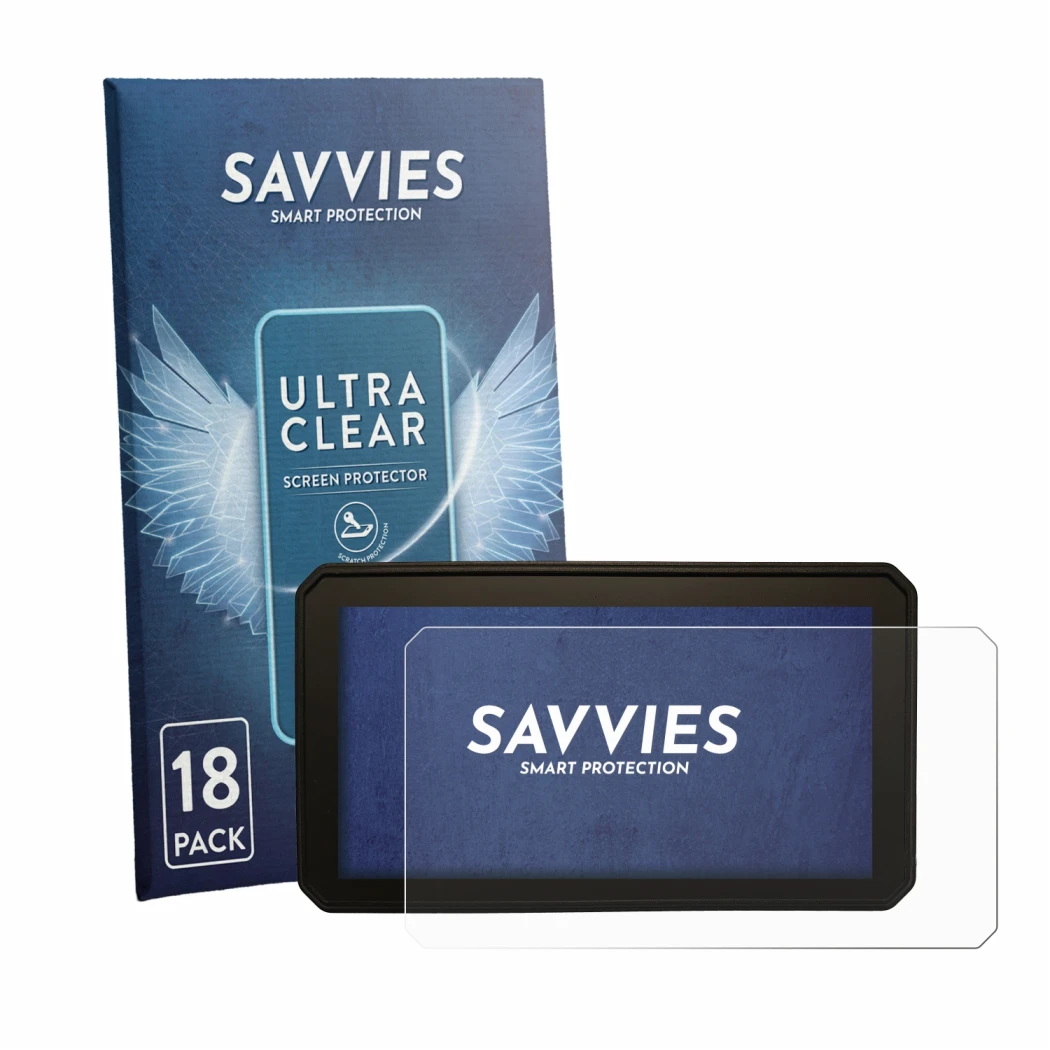 Front side of a product packaging with the brand logo Savvies. Next to it is the device Interphone Sync55B shown with the corr