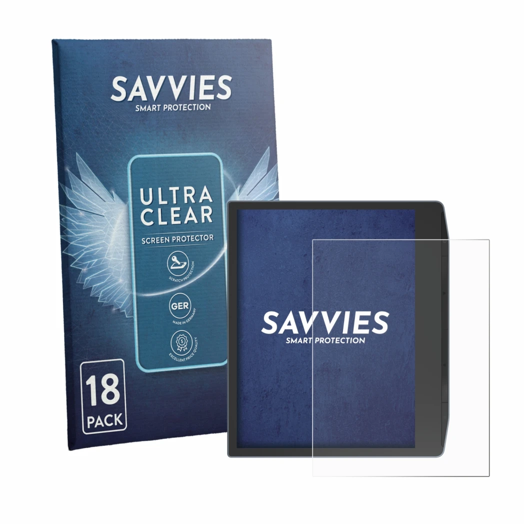 Front side of a product packaging with the brand logo Savvies. Next to it is the device PocketBook Era Lite shown with the cor