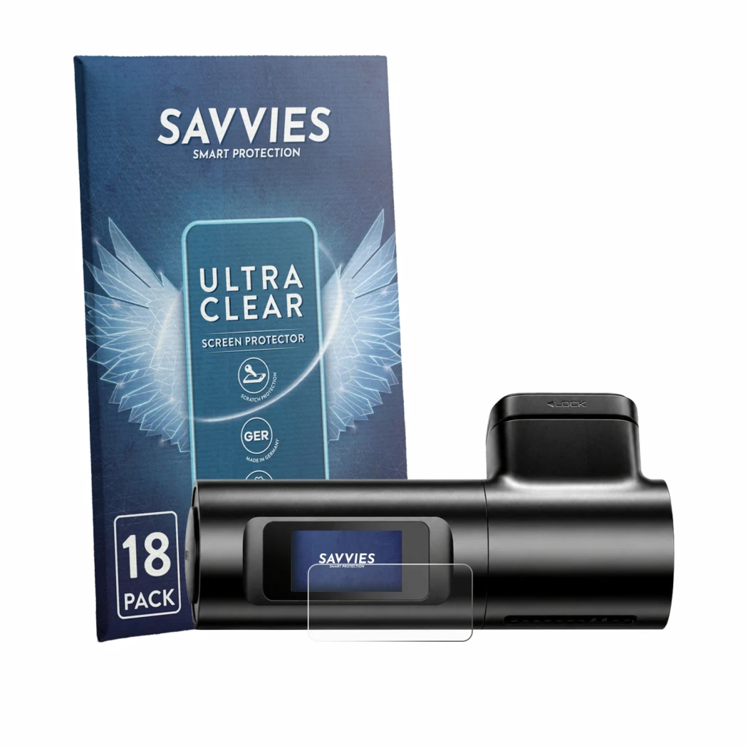 Front side of a product packaging with the brand logo Savvies. Next to it is the device Azdome M330 Max shown with the corresp