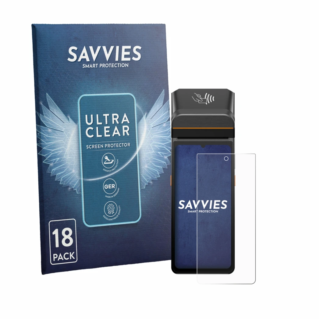 Front side of a product packaging with the brand logo Savvies. Next to it is the device Brainsport myPAD shown with the corres
