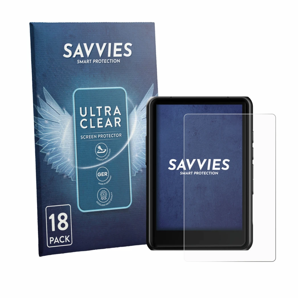 Front side of a product packaging with the brand logo Savvies. Next to it is the device Hiby R3 Pro II shown with the correspo