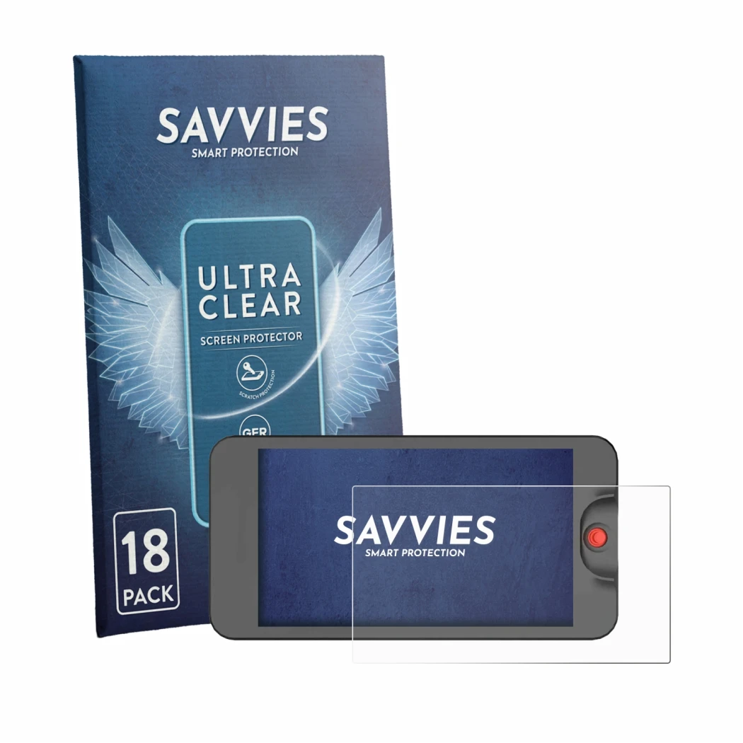 Front side of a product packaging with the brand logo Savvies. Next to it is the device Osee T5 Plus shown with the correspond
