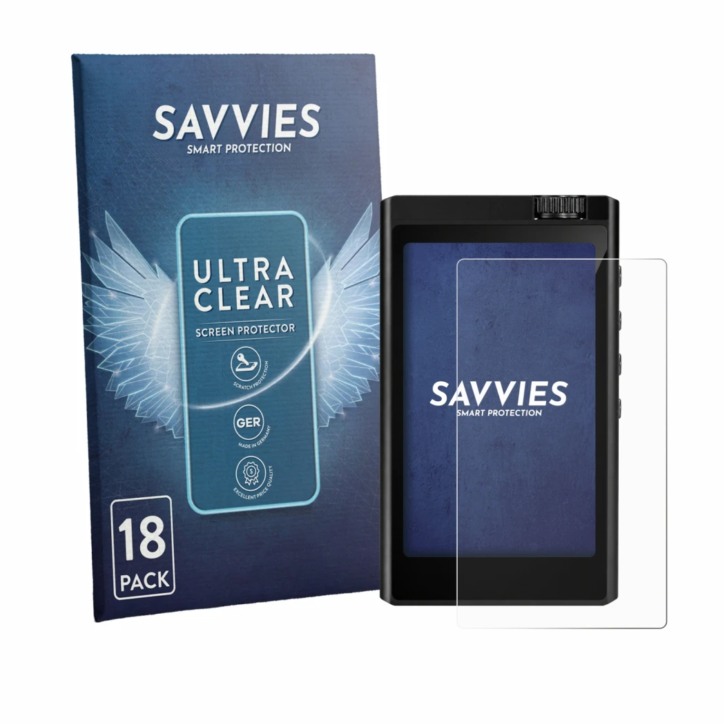 Front side of a product packaging with the brand logo Savvies. Next to it is the device Surfans F35 shown with the correspondi