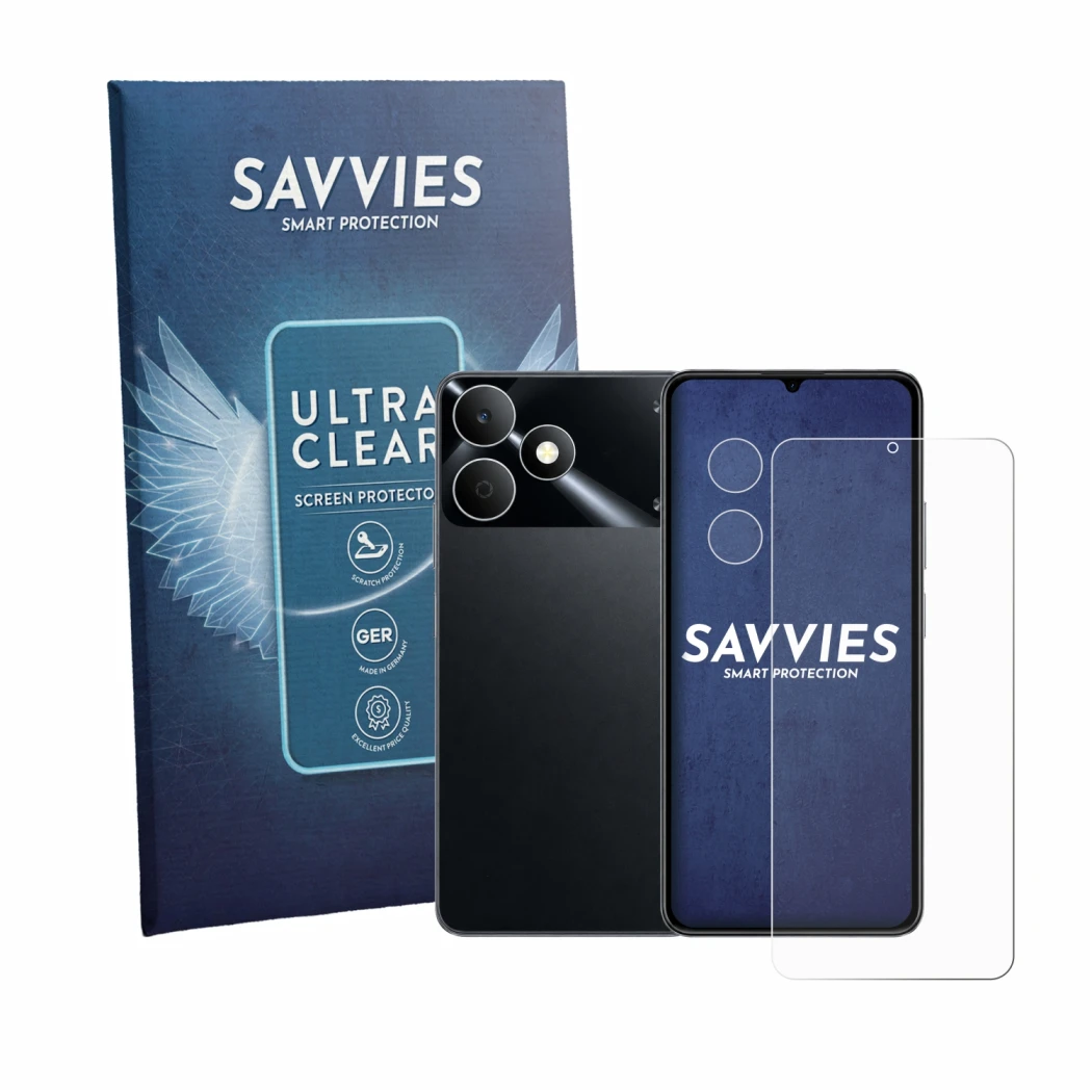 Front side of a product packaging with the brand logo Savvies. Next to it is the device realme Note 80 (Front+Camera) shown wi