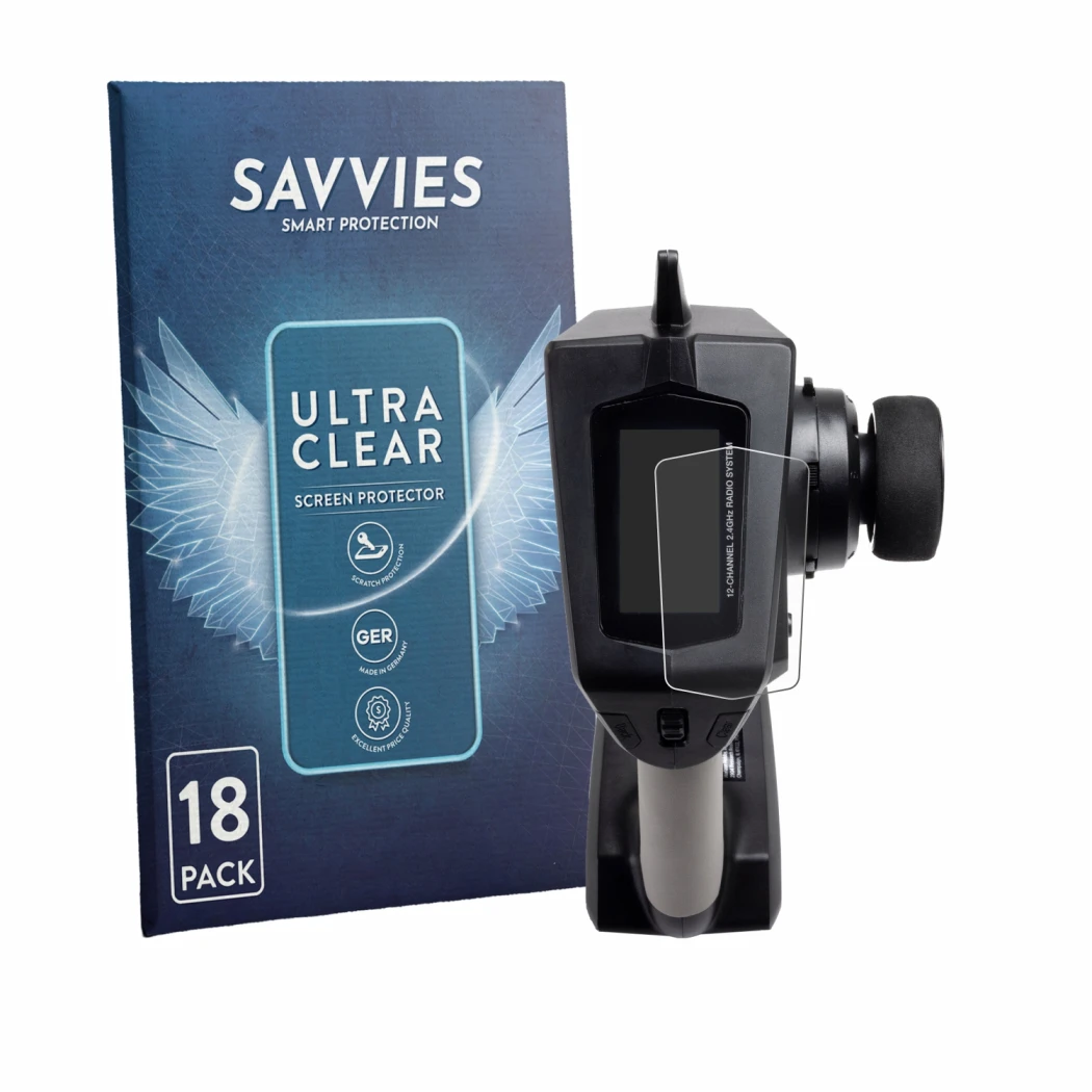 Front side of a product packaging with the brand logo Savvies. Next to it is the device Spektrum DXC Plus shown with the corre