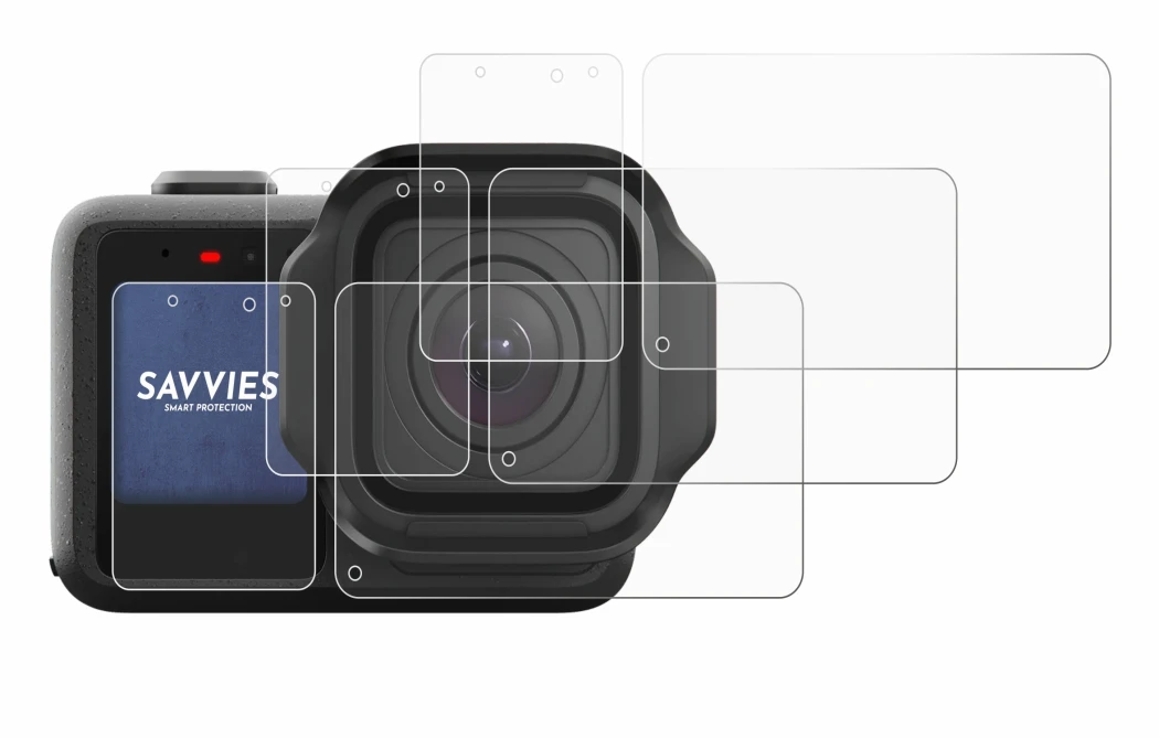 Image of the device GoPro Mission 1 with a wide variety of screen protectors.