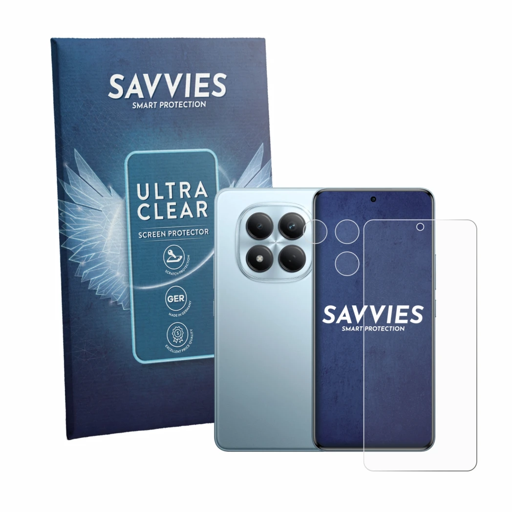 Front side of a product packaging with the brand logo Savvies. Next to it is the device Xiaomi Redmi Note 15 Pro 4G (Front+Cam