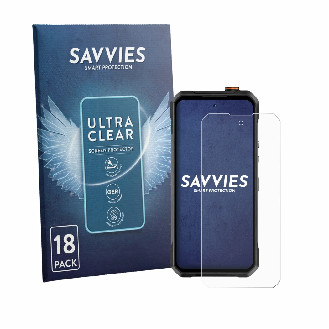 Front side of a product packaging with the brand logo Savvies. Next to it is the device Oukitel WP61 Plus shown with the corre