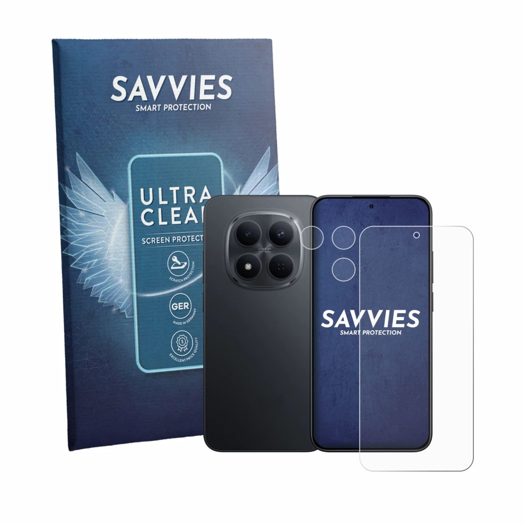 Front side of a product packaging with the brand logo Savvies. Next to it is the device Xiaomi Redmi Note 15 Pro 5G (Front+Cam
