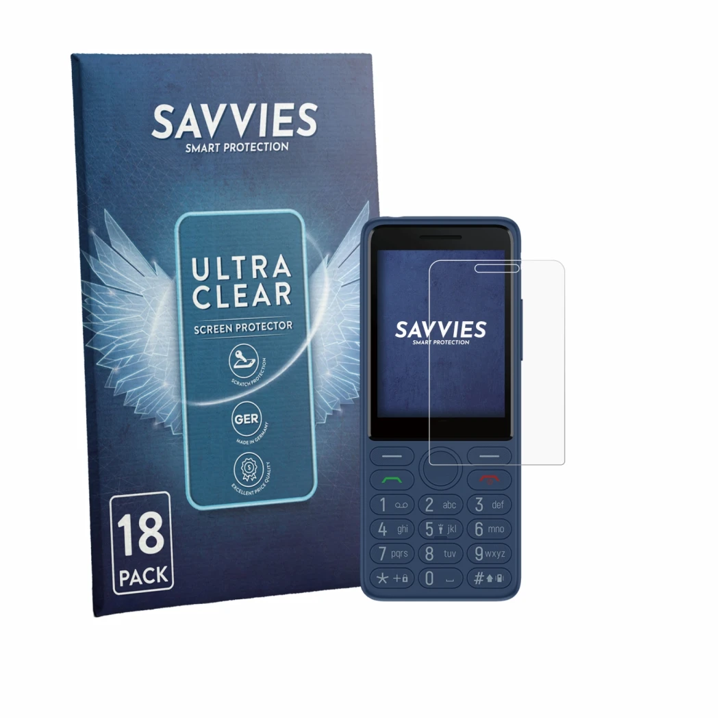 Front side of a product packaging with the brand logo Savvies. Next to it is the device TCL OneTouch 4042s shown with the corr