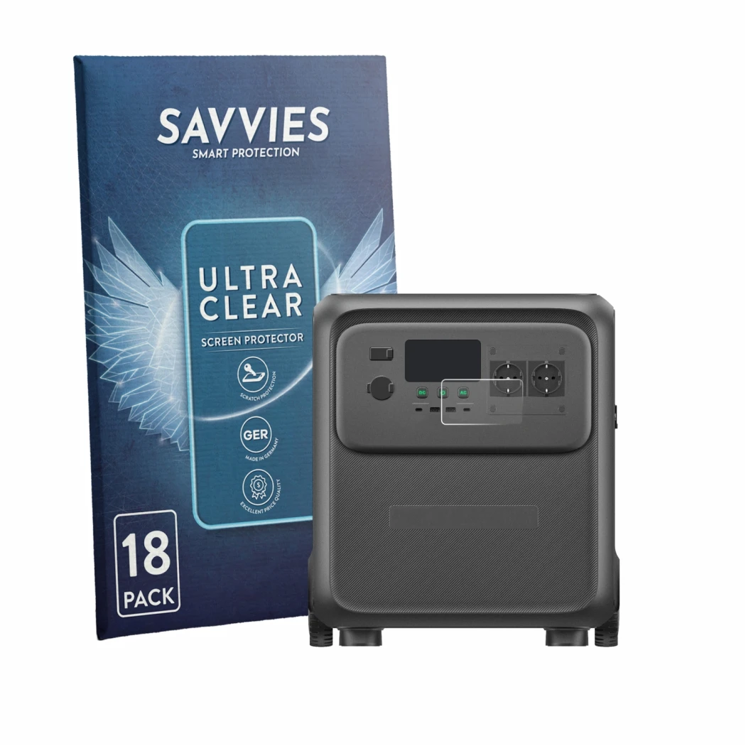 Front side of a product packaging with the brand logo Savvies. Next to it is the device Bluetti Elite 400 shown with the corre