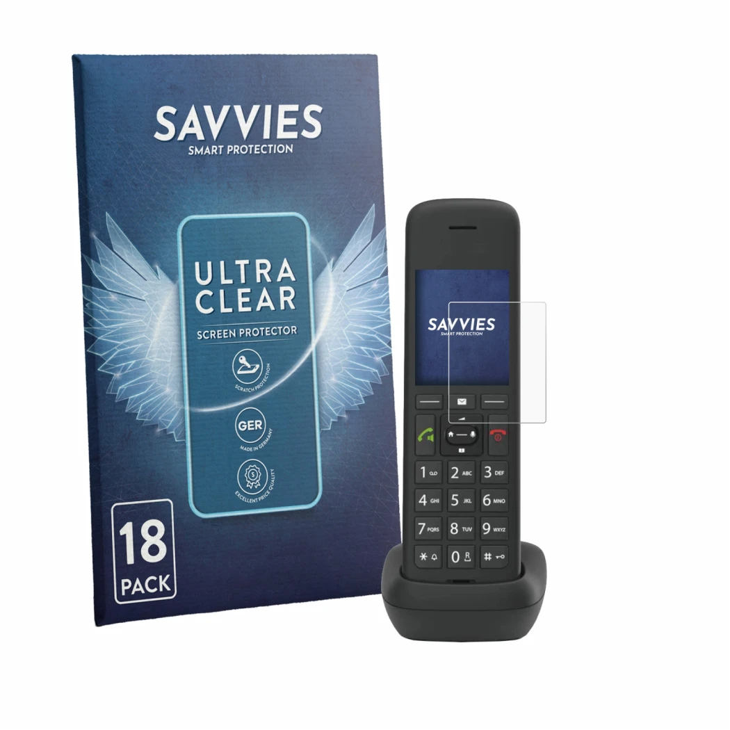 Front side of a product packaging with the brand logo Savvies. Next to it is the device Gigaset C575A shown with the correspon