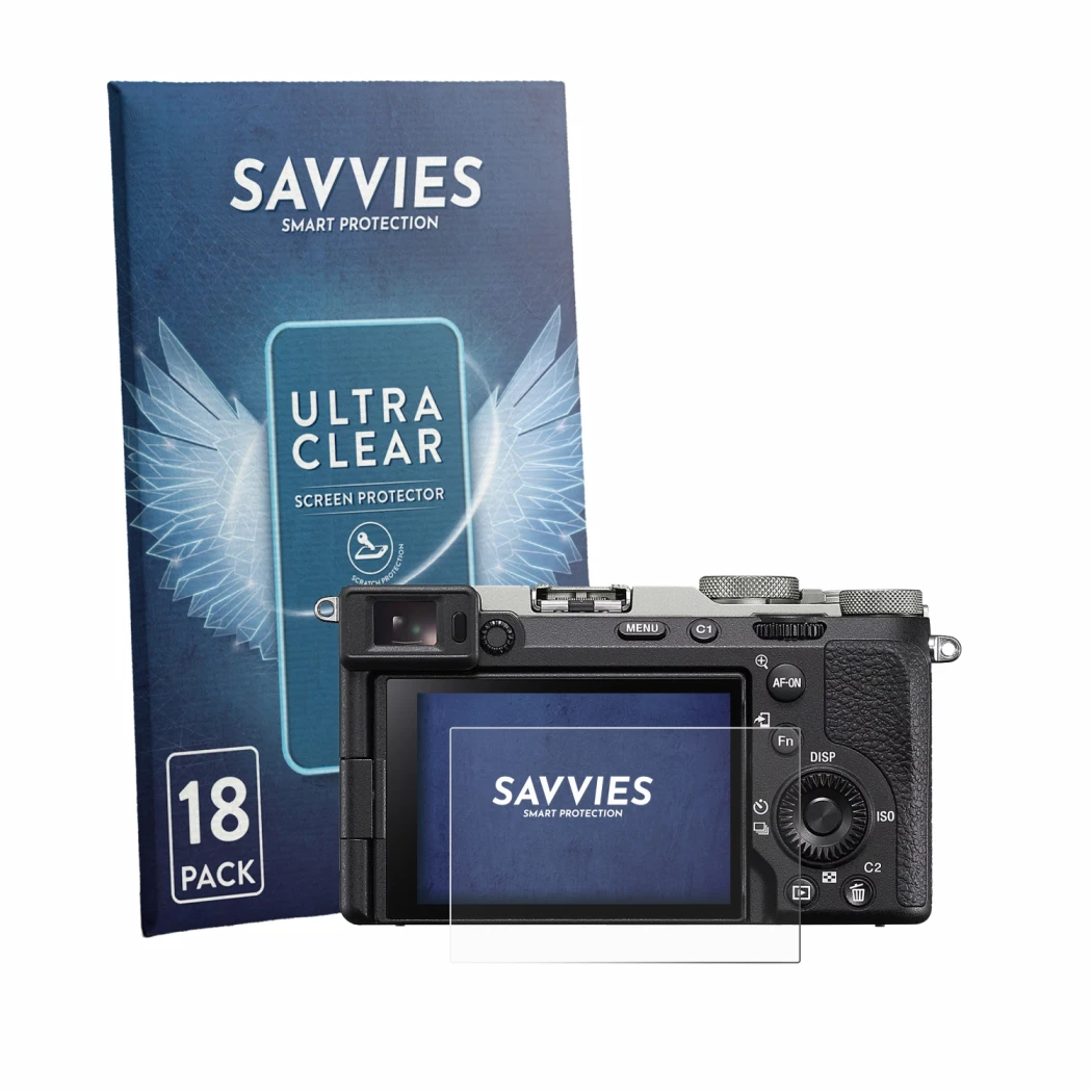Front side of a product packaging with the brand logo Savvies. Next to it is the device Sony A7C II shown with the correspondi