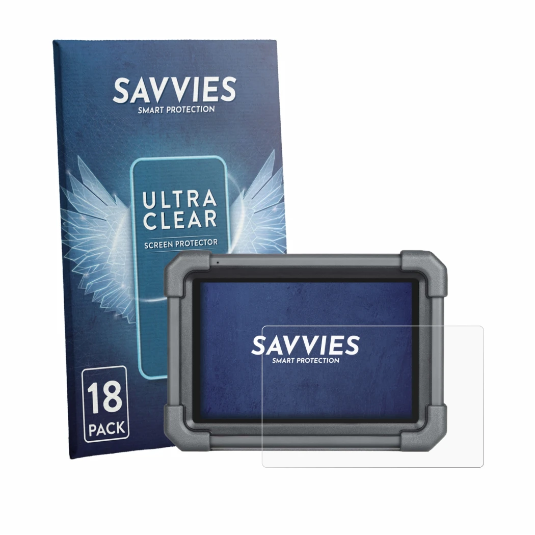 Front side of a product packaging with the brand logo Savvies. Next to it is the device Launch X-431 Pro TT shown with the cor