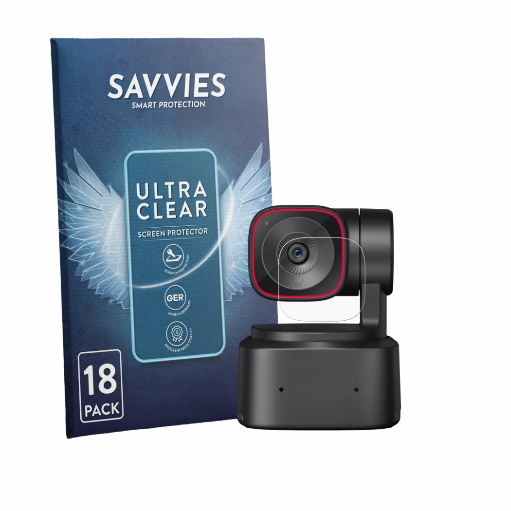 Front side of a product packaging with the brand logo Savvies. Next to it is the device OBSBOT Tiny 2 Lite shown with the corr